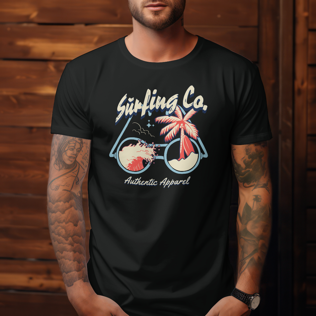 T-Shirt mit Sonnenbrille und Surfing bedruckt